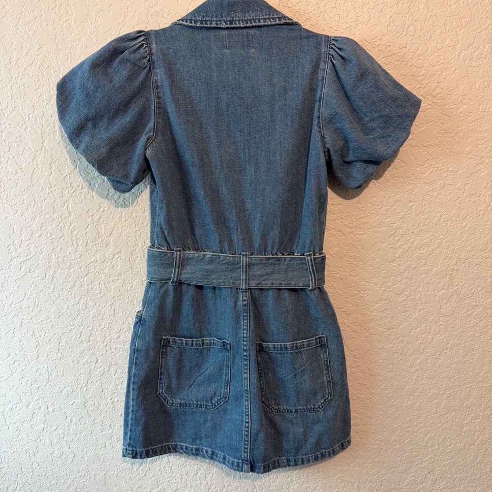 Show Me Your Mumu Denim Puff Sleeve Mini Dress XS Retro Western Blue Zip Front - Picture 5 of 5